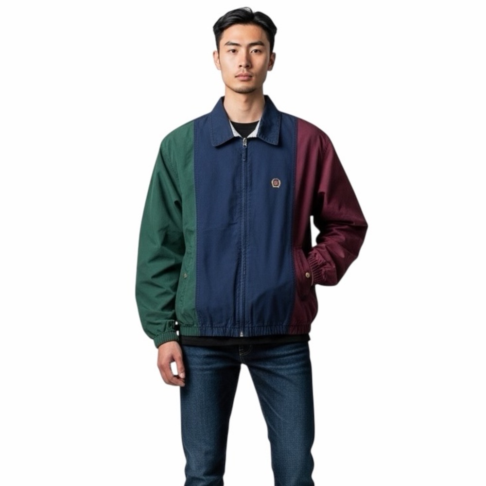 Vintage Tommy Hilfiger Colorblock Jacket Men’s M Green Navy Burgundy Crest Logo‎